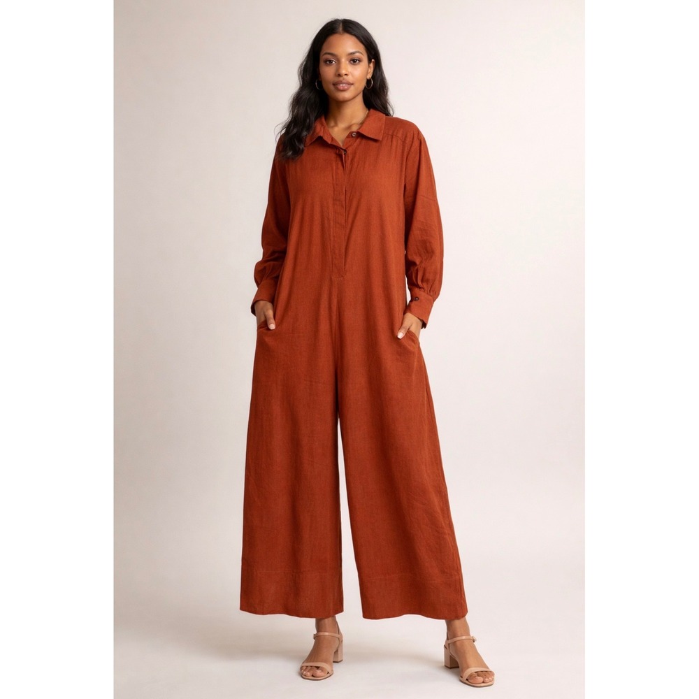 Free People Wide Leg Linen Blend Long Sleeve Jumpsuit M Boho Coastal